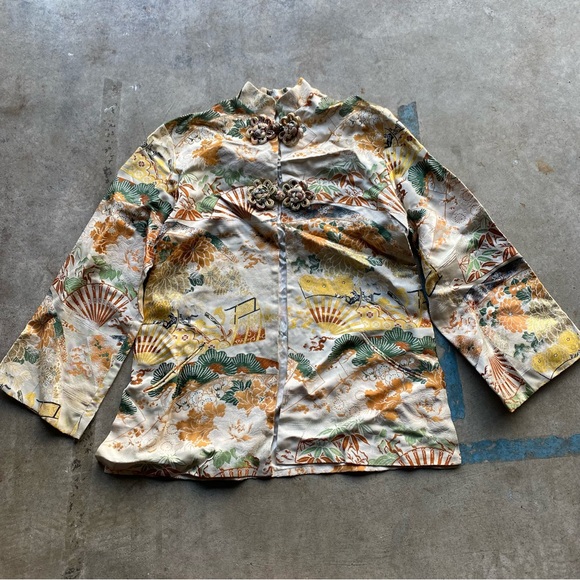 Jackets & Blazers - Vintage 1940s Japanese Silk Brocade Flare Jacket 40s Lucky Gold